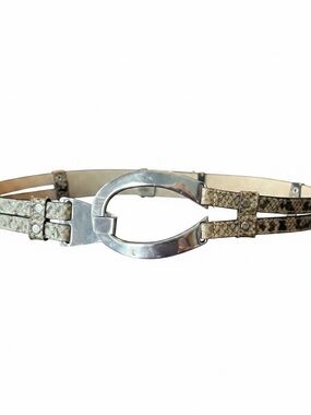 Chico’s Silver Toned Oval Buckle Belt-Olive/Black Snakeskin Print Straps Sz S/M